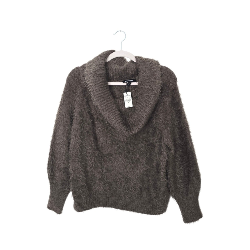 Express Cowl Neck Eyelash Knit Sweater Womens Medium Brown NWT Fuzzy